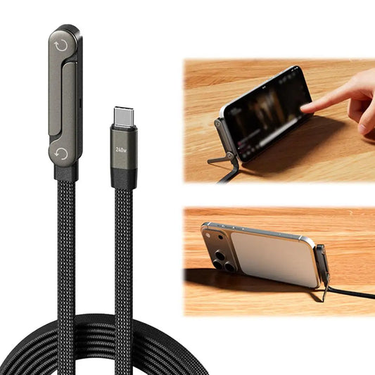 2 In 1 240W Fast Charging Foldable Cable With Phone Stand Type-C To Type-C Cable For IPhone Tablet Stand